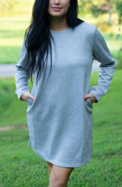 Quincy Textured Long Sleeve Dress - Threaded Pear