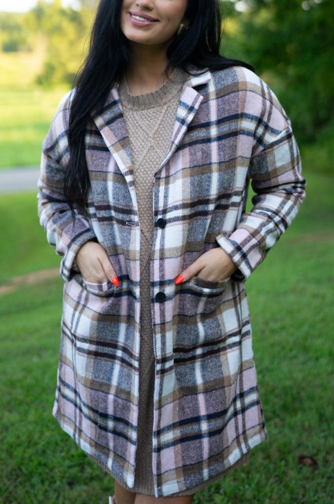 Lilia Plaid Button Up Lapel Jacket - Threaded Pear