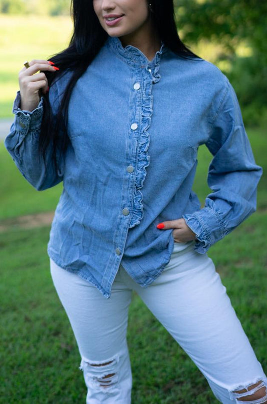 Allyson Ruffled Long Sleeve Buttoned Denim Shirt - Threaded Pear