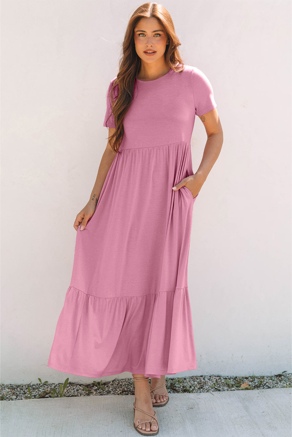 Nala T-shirt High Waist Pocketed Long Dress - Threaded Pear