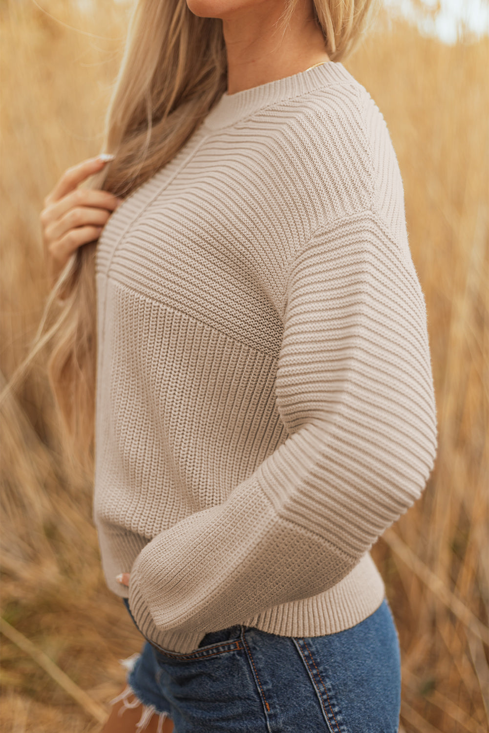 Delaney Texture Knitted Puff Sleeve Sweater - Threaded Pear