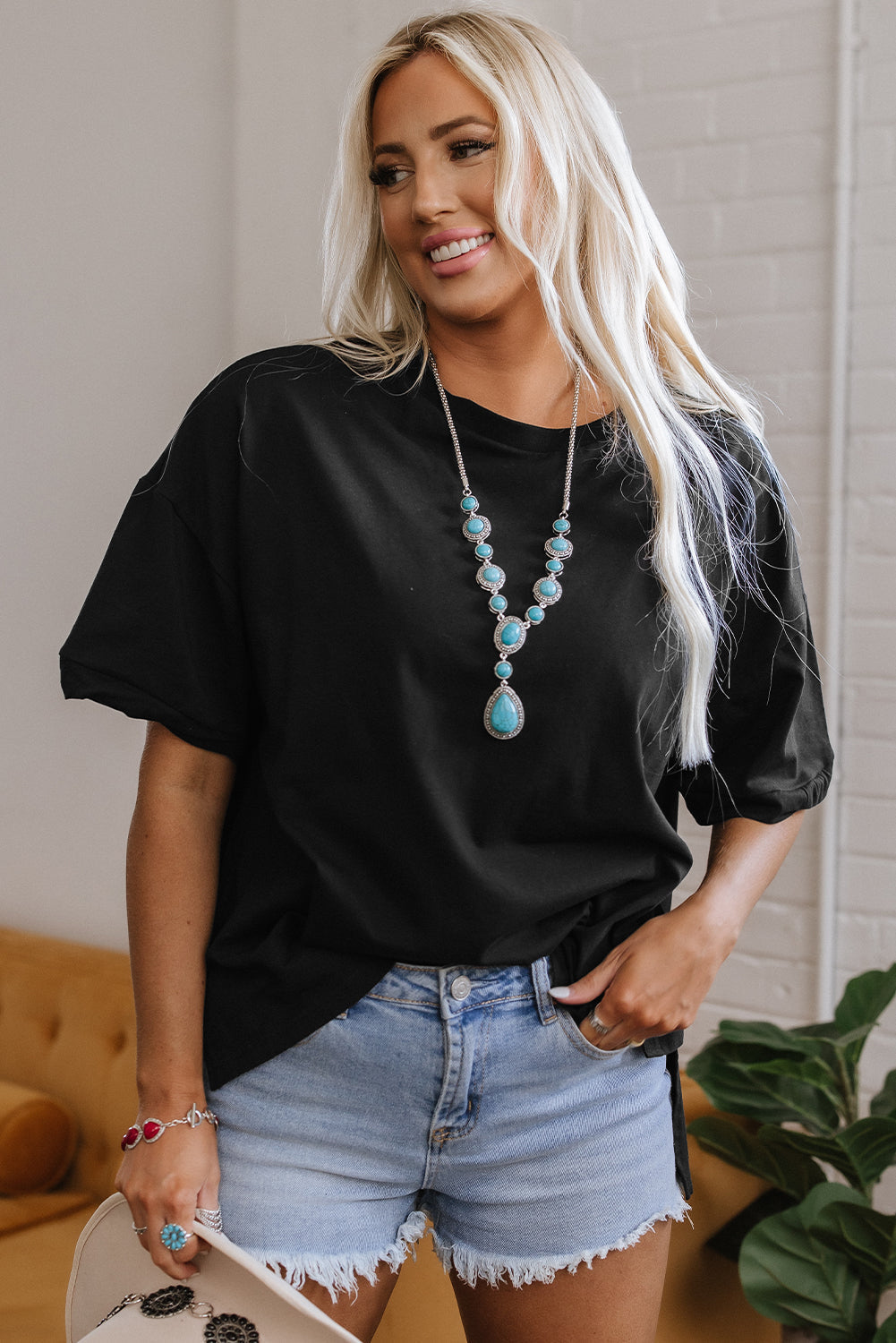 Ayra Loose Half Sleeve Hi Low Hem Top - Threaded Pear