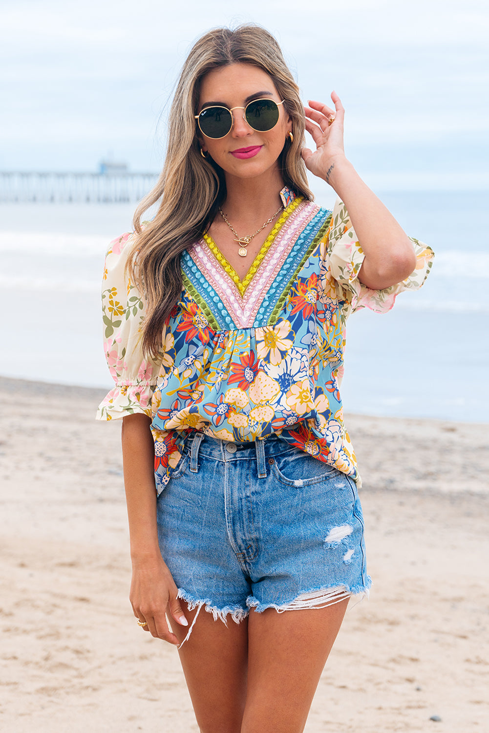 Gwen Crochet V Neck Boho Floral Blouse - Threaded Pear