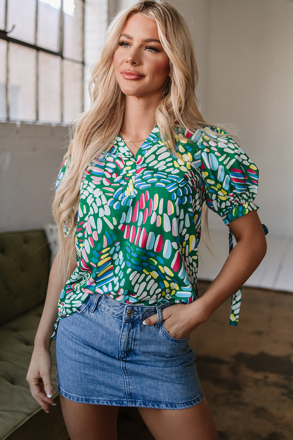 Ellianna Geometric Puff Sleeve Blouse - Threaded Pear