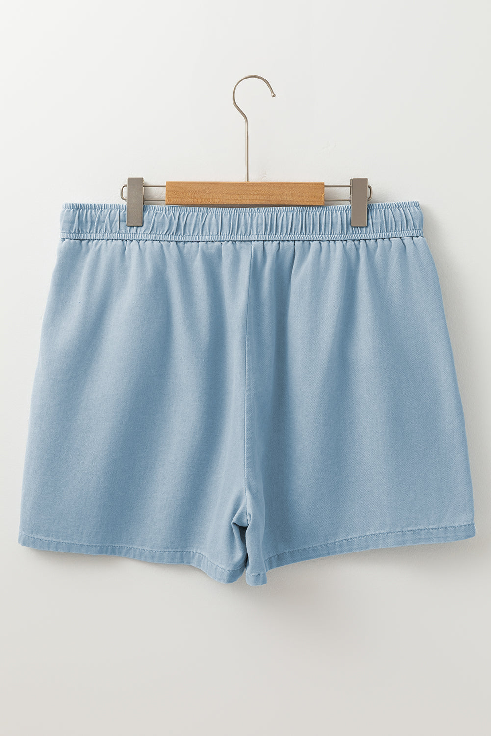 Beau Blue Washed Chambray Drawstring Elastic Waist Plus Size Shorts - Threaded Pear
