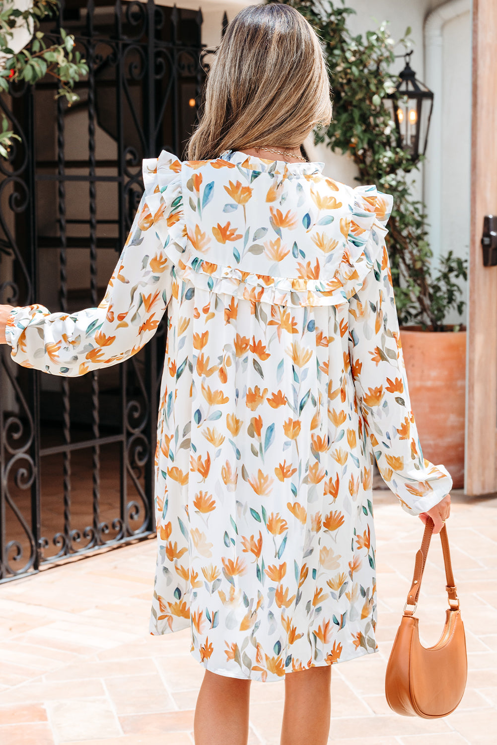 Katherine Floral Tie Neck Frilled Long Sleeve Dress - Threaded Pear