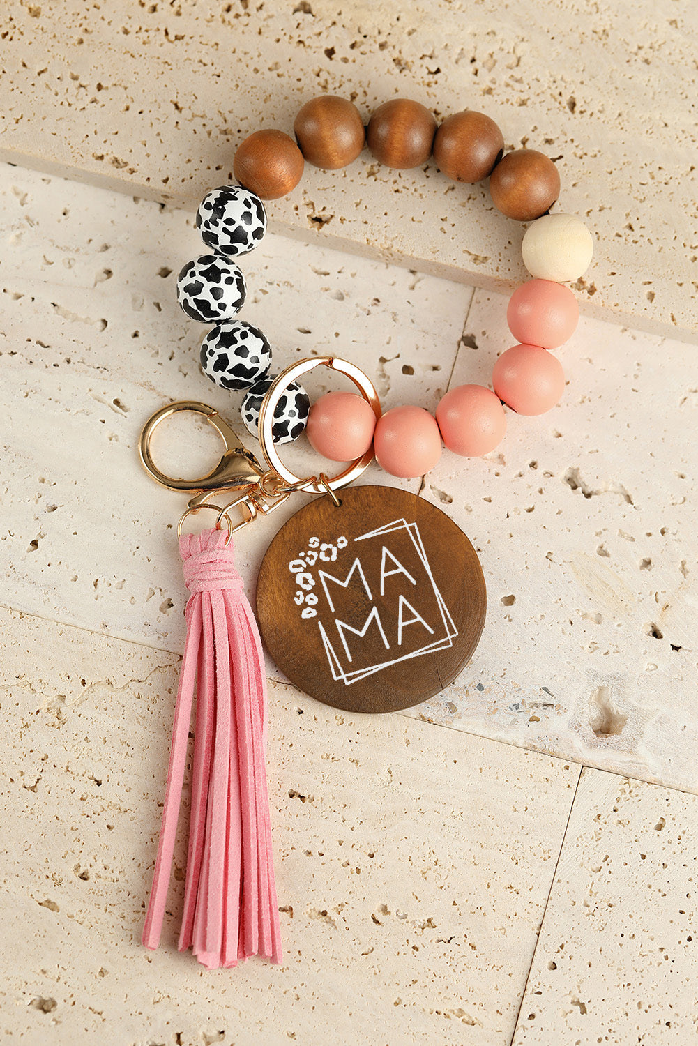 MAMA Wood Pendant Leopard Fringe Keychain - Threaded Pear