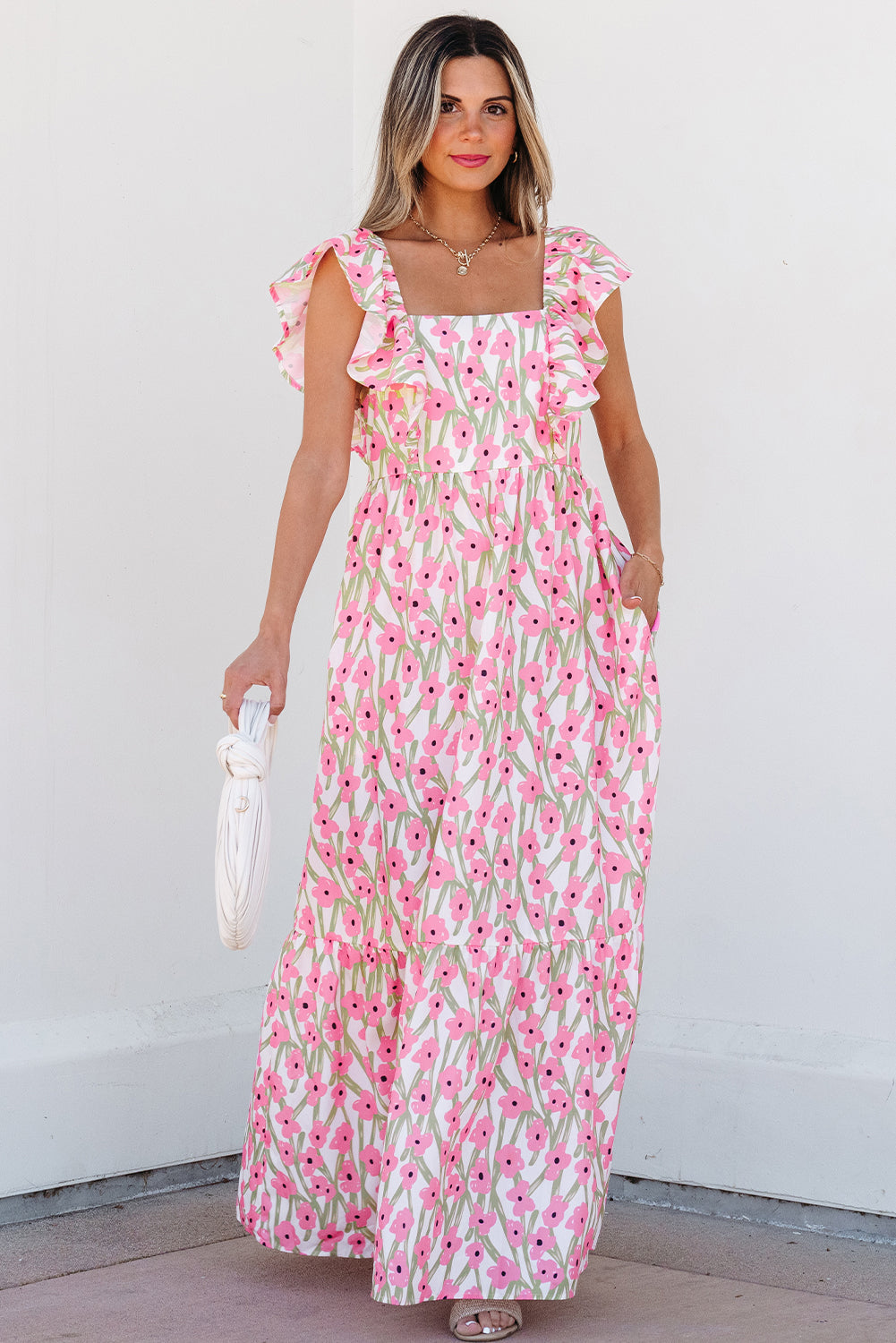 Angelica Floral Ruffled Strap Maxi Dress - Threaded Pear