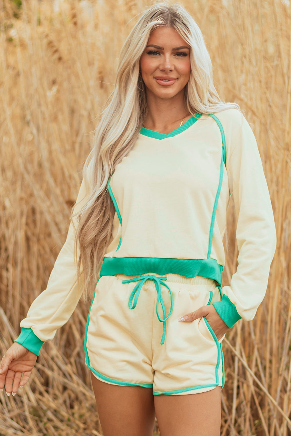 Wren Long Sleeve Pullover and Drawstring Shorts Outfit - Threaded Pear