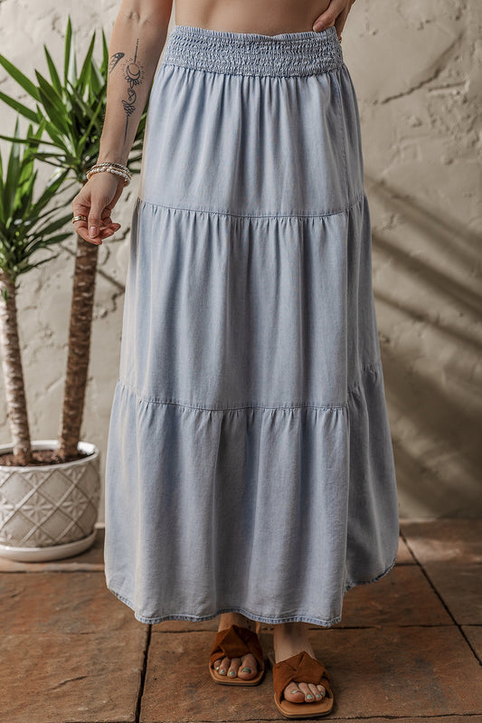 Lisa Tiered Smocked High Waist Denim Maxi Skirt - Threaded Pear