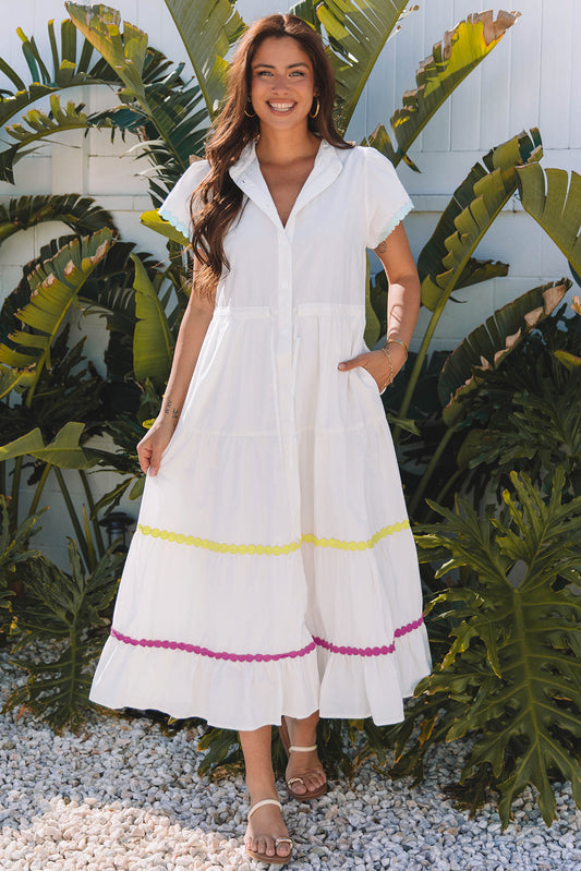 Aleah Rickrack Trim Short Sleeve Long Dress - Threaded Pear