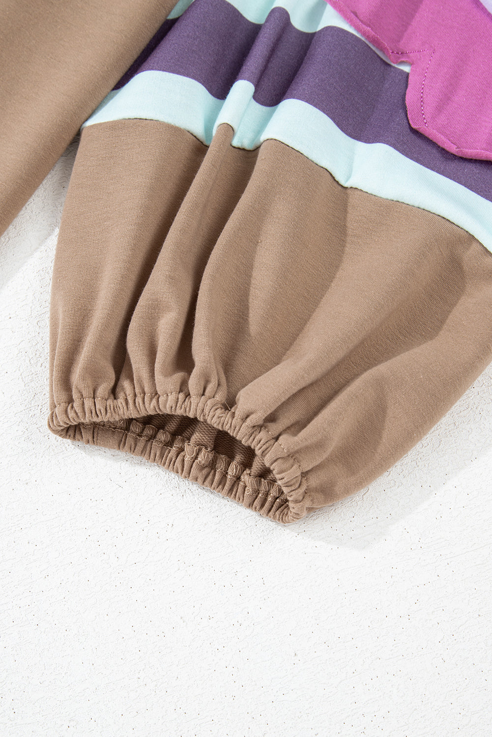 Light French Beige Flower Striped Patchwork Puff Sleeve Loose PLUS Sweatshirt - Threaded Pear