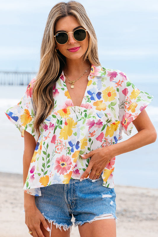 Liberty Floral Boxy Fit Ruffled Short Sleeve V Neck Blouse - Threaded Pear