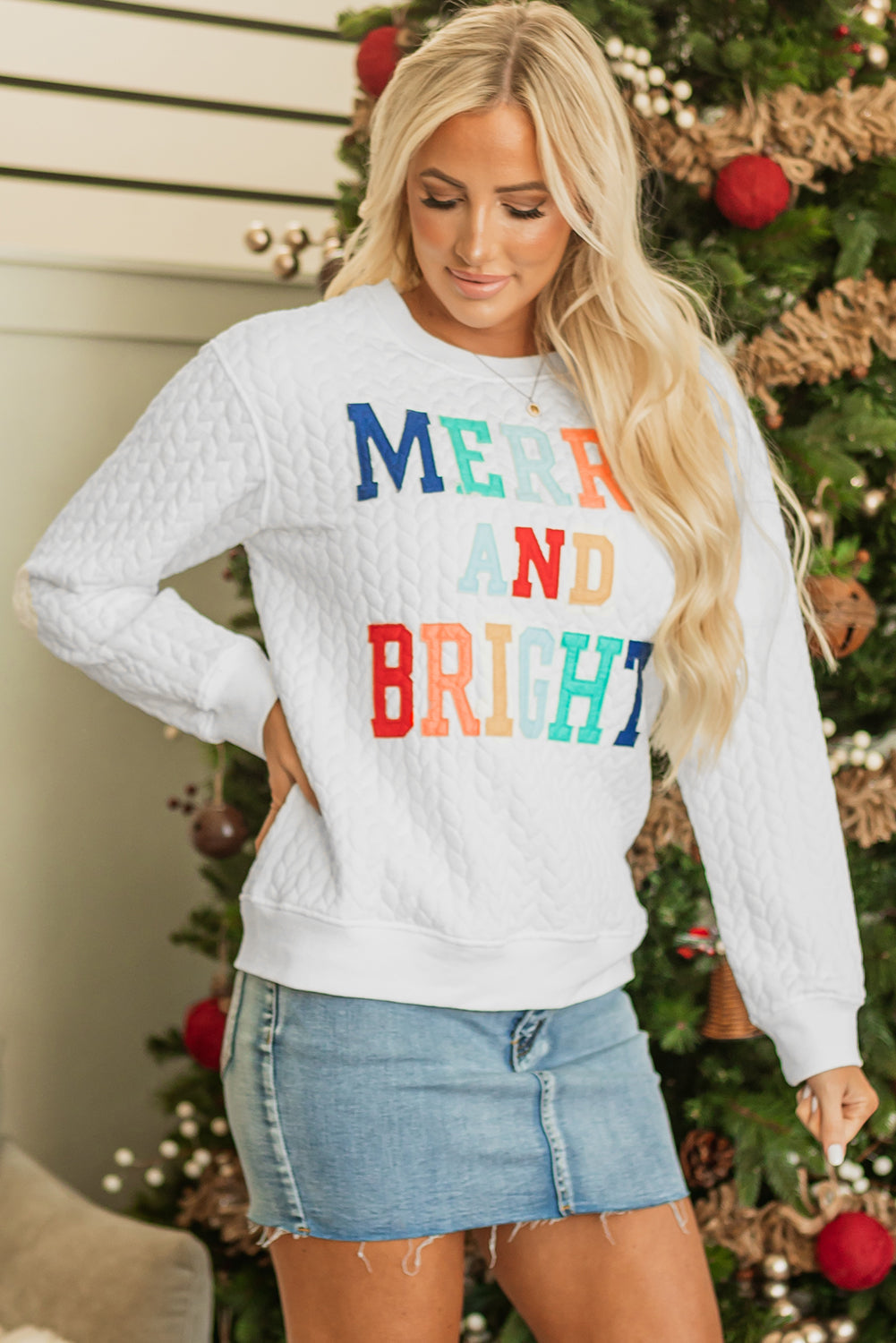 Merry And Bright Knit Pullover Sweatshirt - Threaded Pear