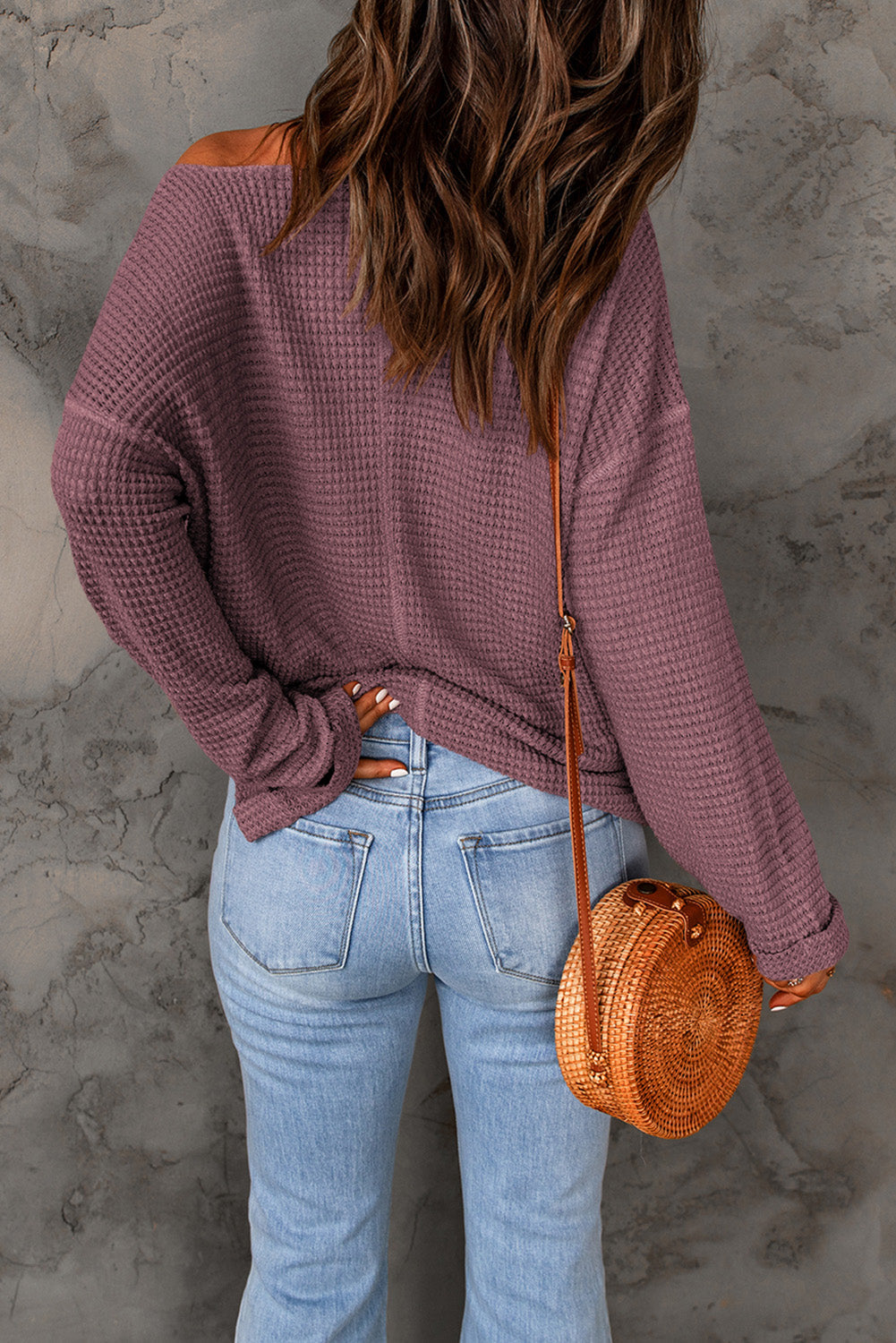 Evelyn Waffle Knit Loose Long Sleeve Top - Threaded Pear