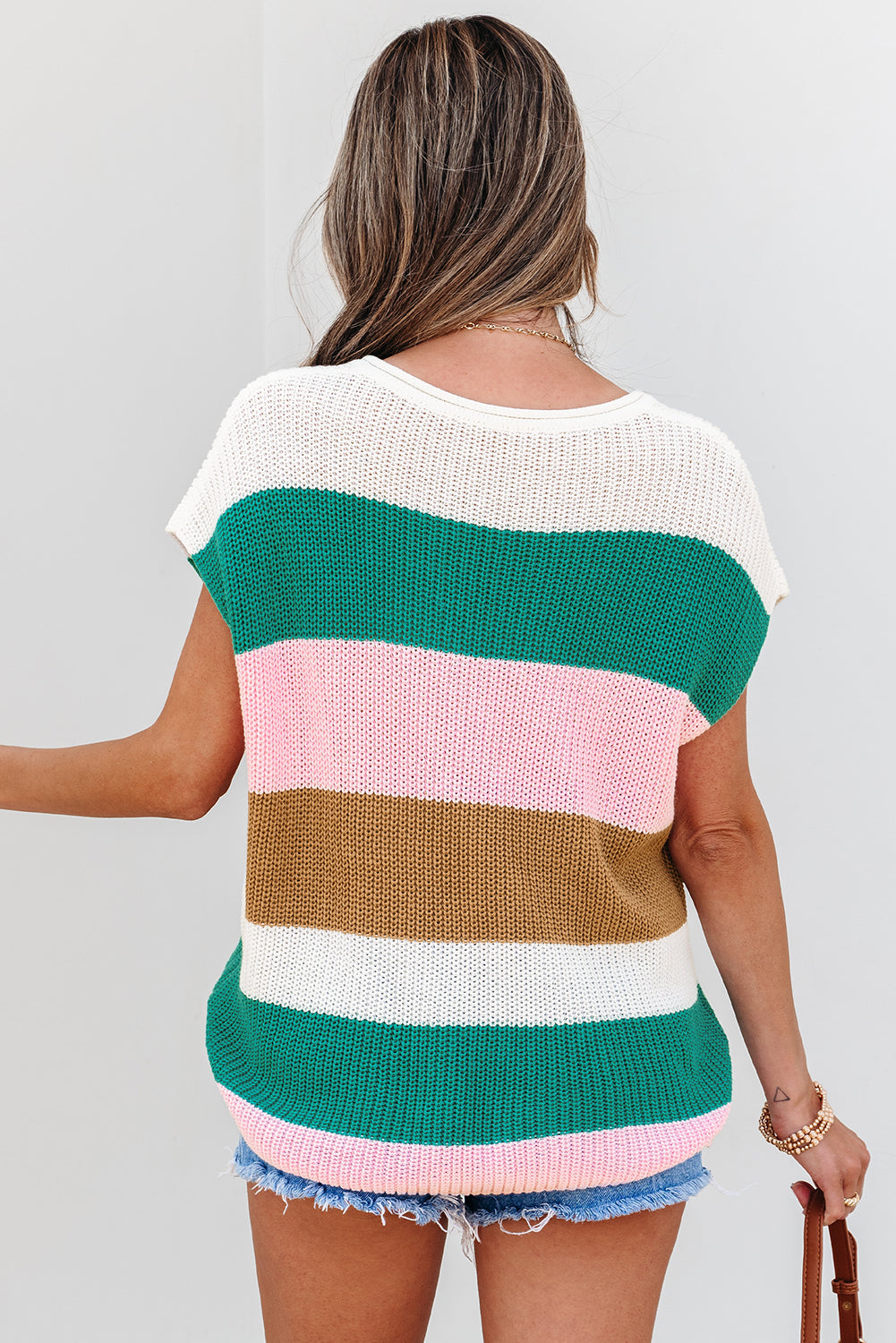 Elliot Color Block Notch V Neck Sweater Top - Threaded Pear