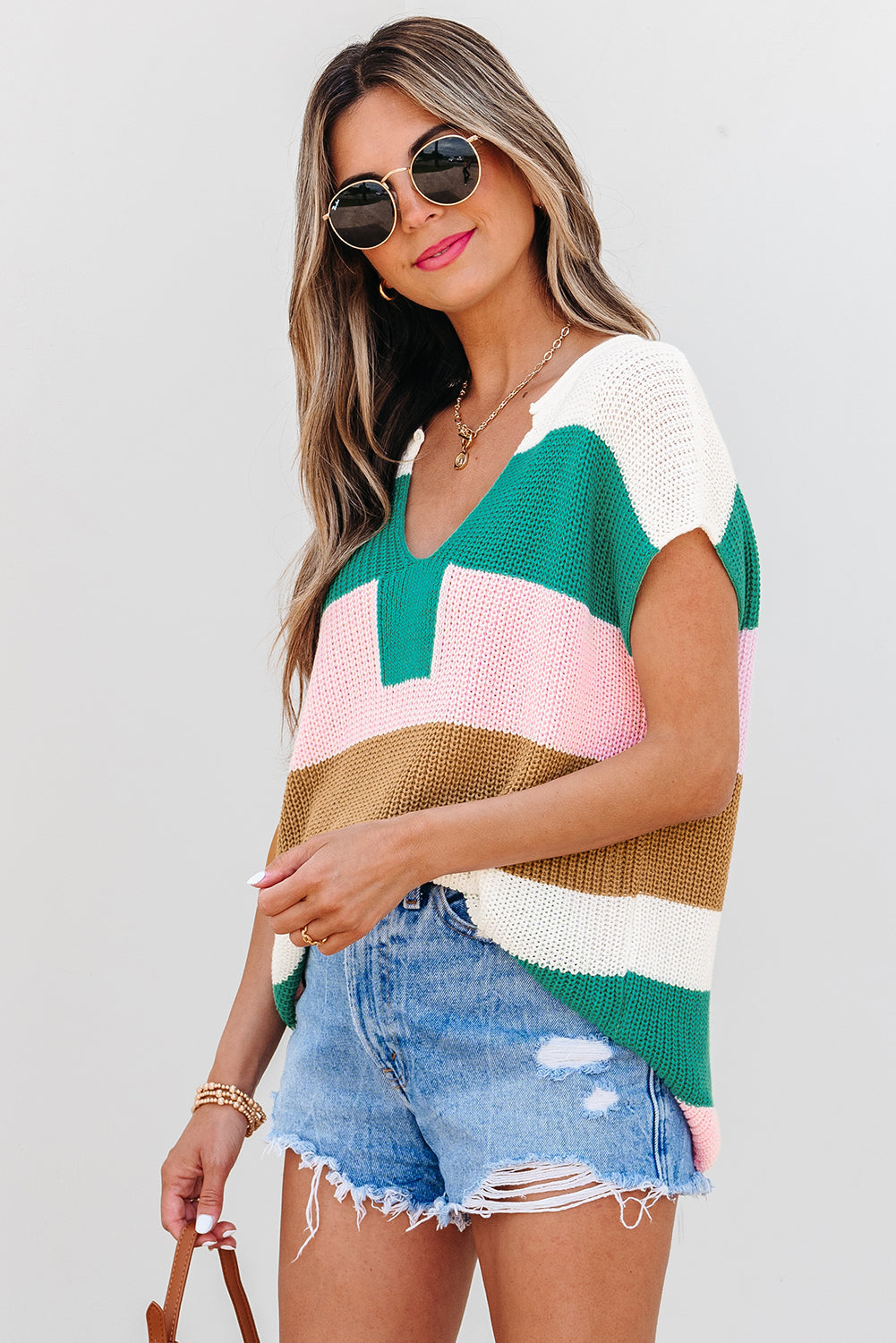 Elliot Color Block Notch V Neck Sweater Top - Threaded Pear