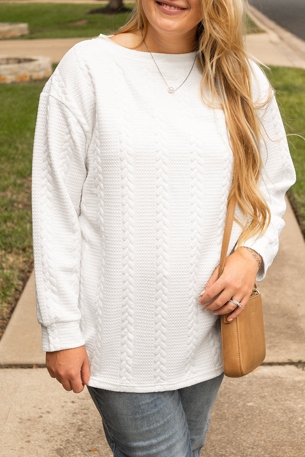 White Cable Textured Loose Plus Size Sweatshirt - Threaded Pear