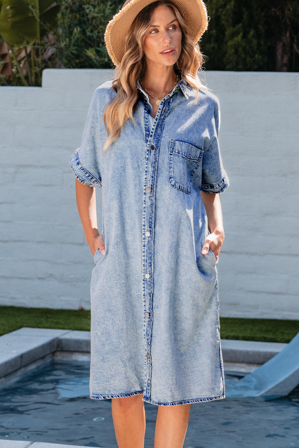 Makayla Loose Medium Wash Chambray Dress - Threaded Pear