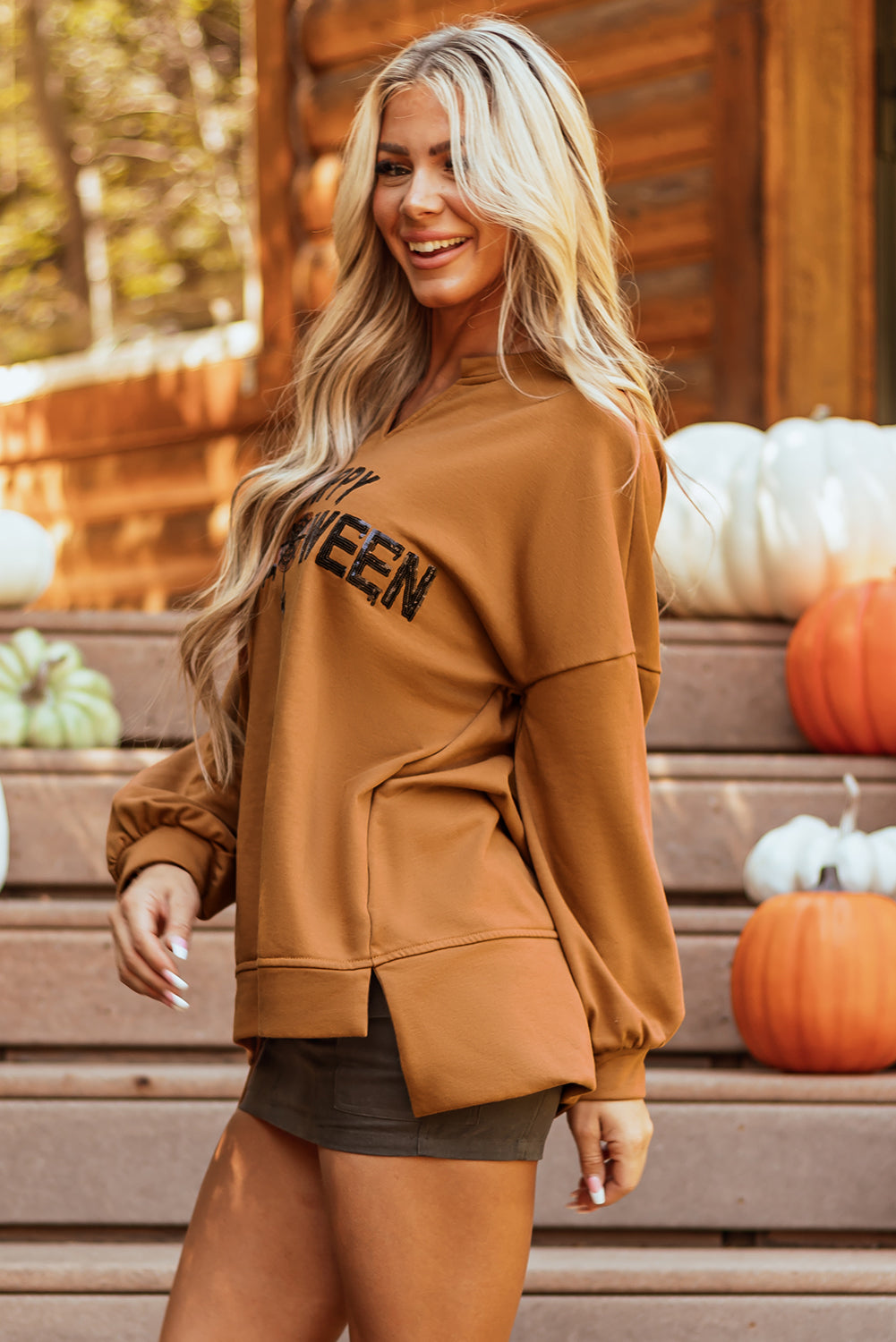 Sequin Happy Halloween Long Sleeve Top - Threaded Pear