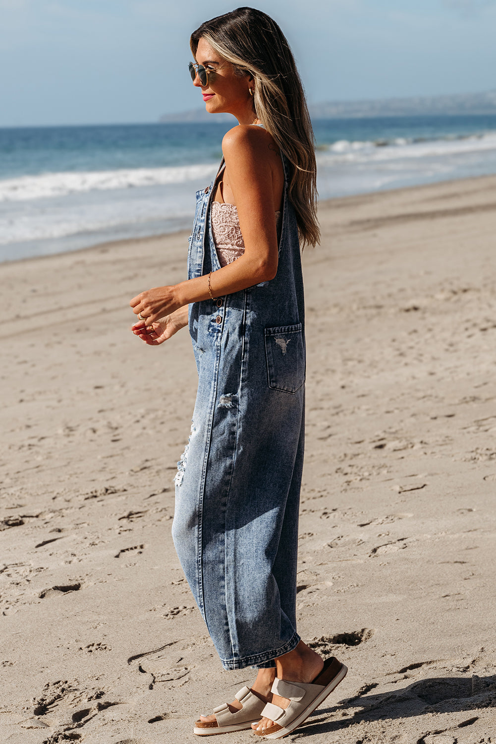 Baylor Distressed Bib Pocket Wide Leg Denim Overall - Threaded Pear