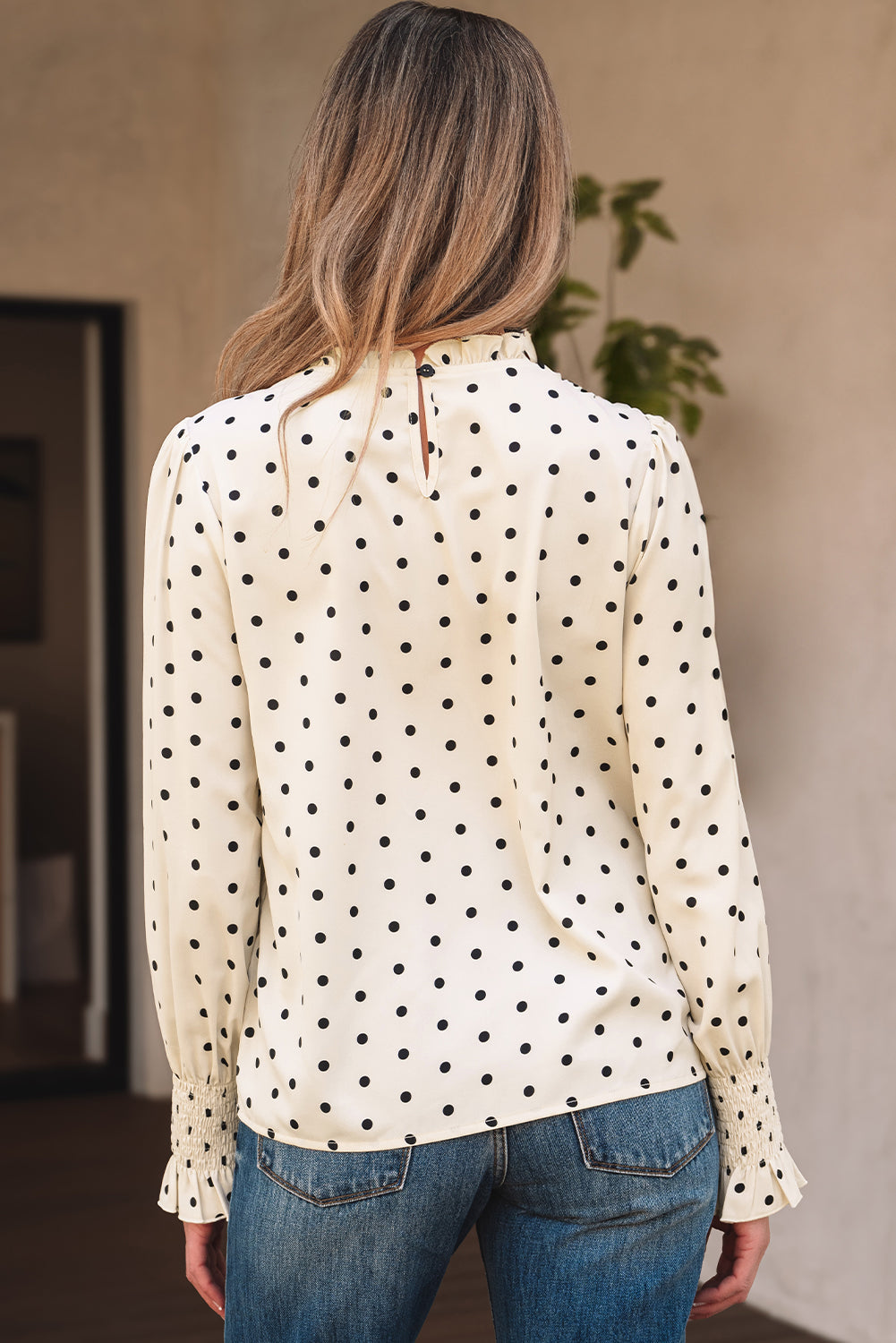 Catalina Polka Dot Lantern Sleeve Blouse - Threaded Pear