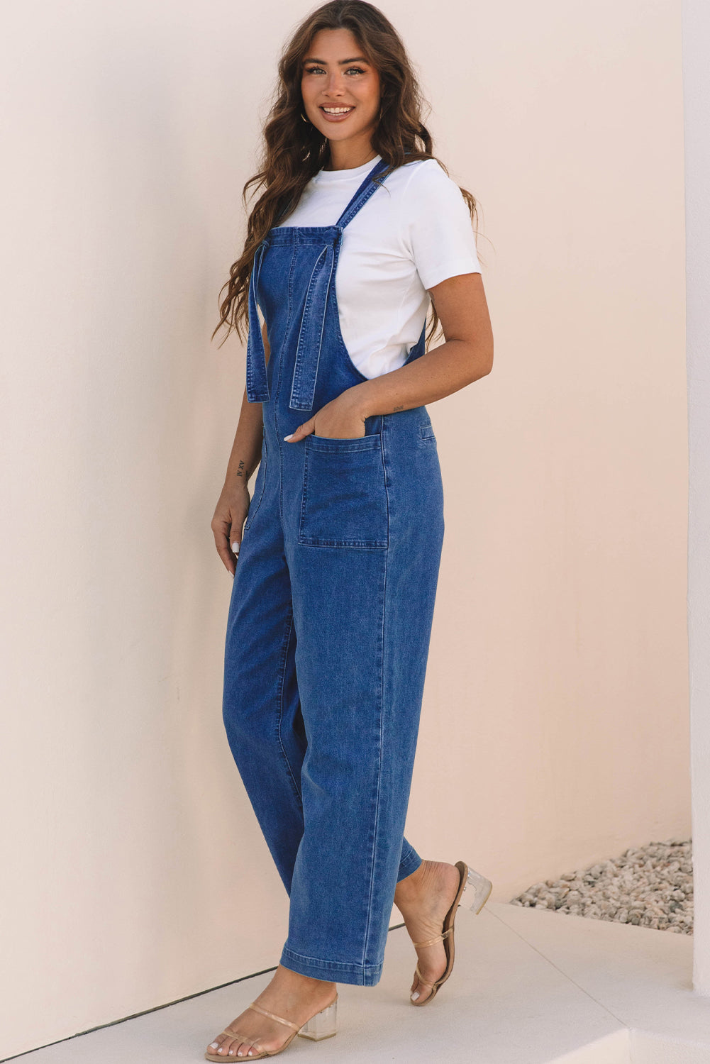 Elodie Knotted Strap Wide Leg Denim Overalls - Threaded Pear