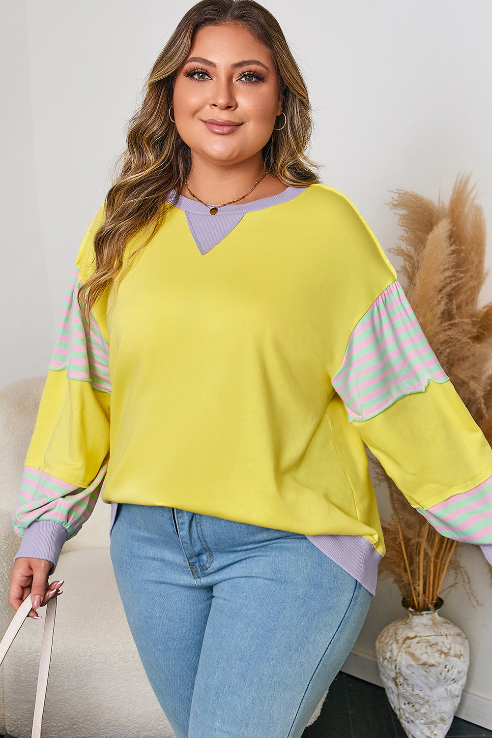 Yellow Striped Color Block Patchwork Crewneck Plus Size Pullover Sweatshirt - Threaded Pear