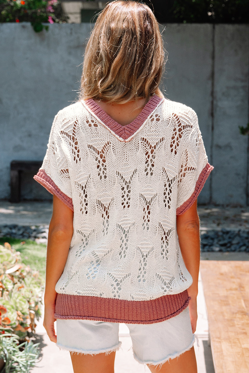 Isla Embroidered Flowers Colorblock Edge Hollowed Sweater - Threaded Pear