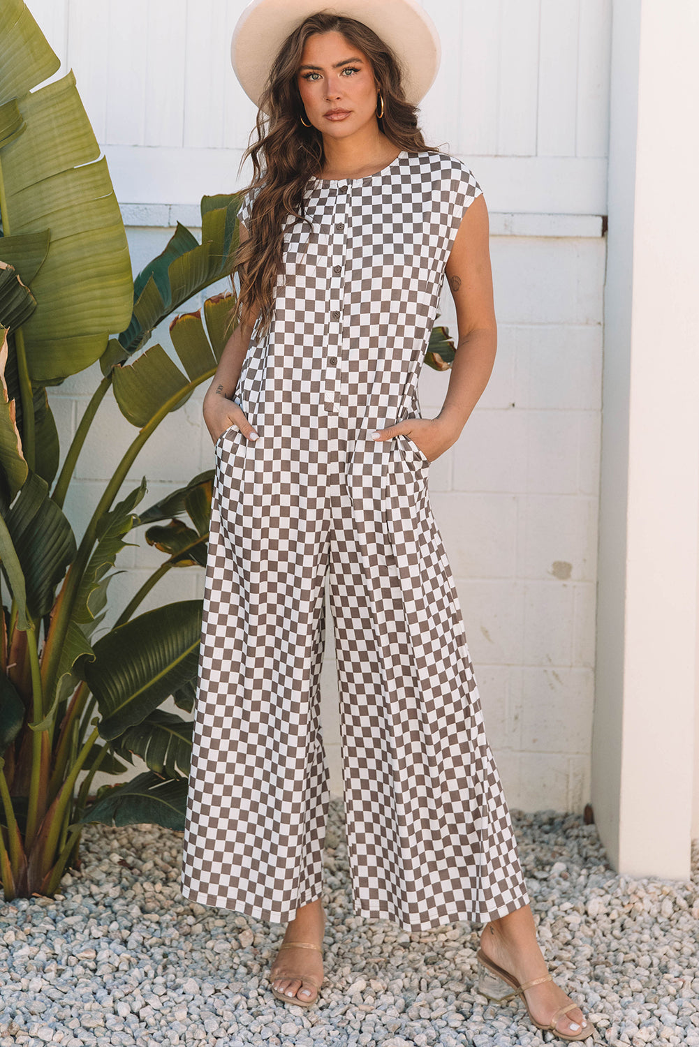Paisley Checkered Buttoned Crew Neck Wide Leg Jumpsuit - Threaded Pear