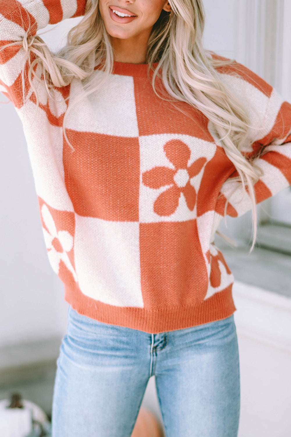 Miller Checkered Floral Striped Sleeve Sweater - Threaded Pear