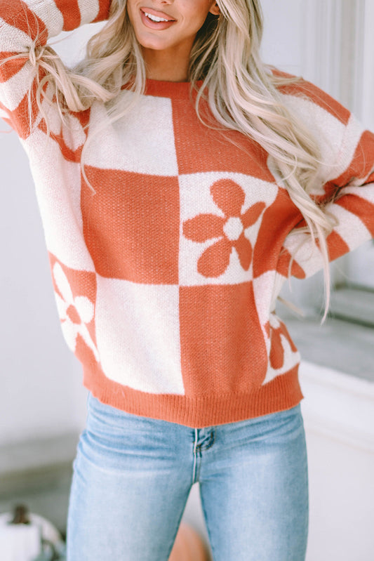 Miller Checkered Floral Striped Sleeve Sweater - Threaded Pear