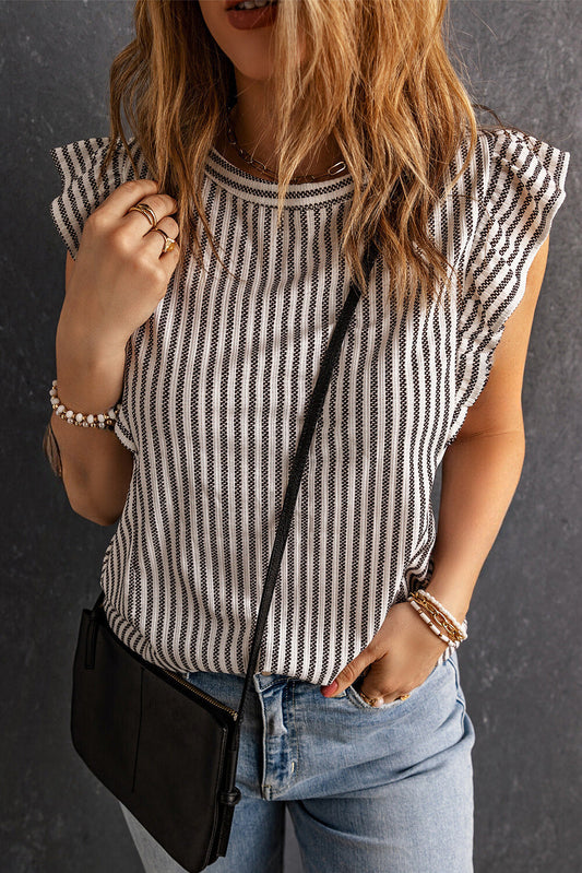 Sofia Crew Neck Ruffled Striped Tank Top - Threaded Pear