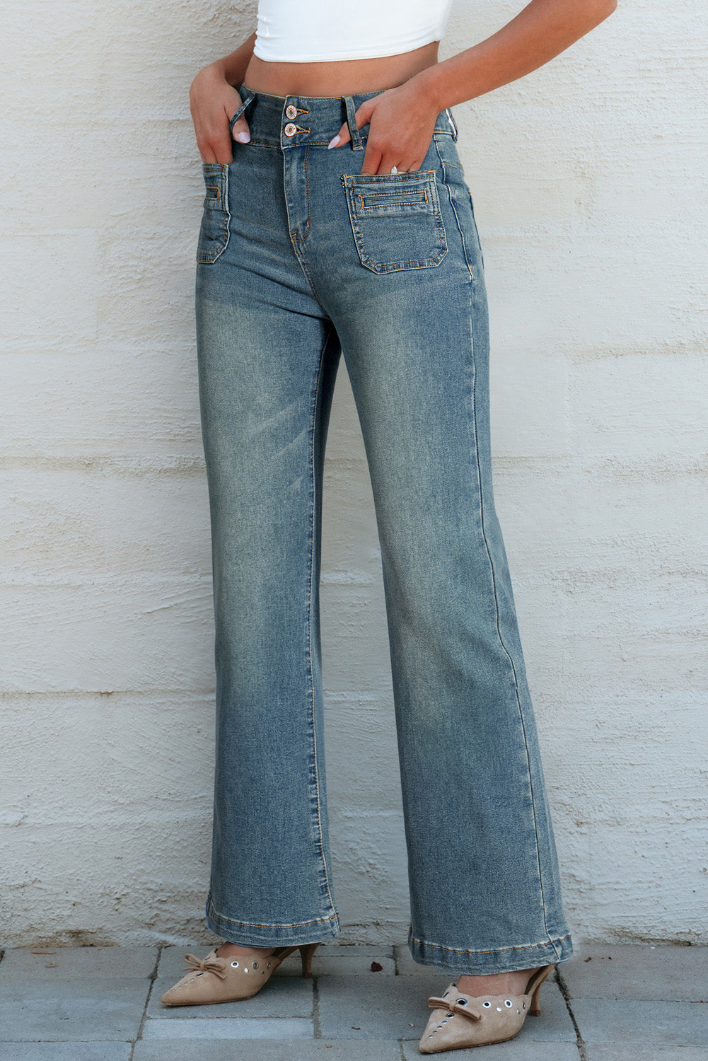 Amyra Double Button Patch Pocket Flare Leg Jeans - Threaded Pear