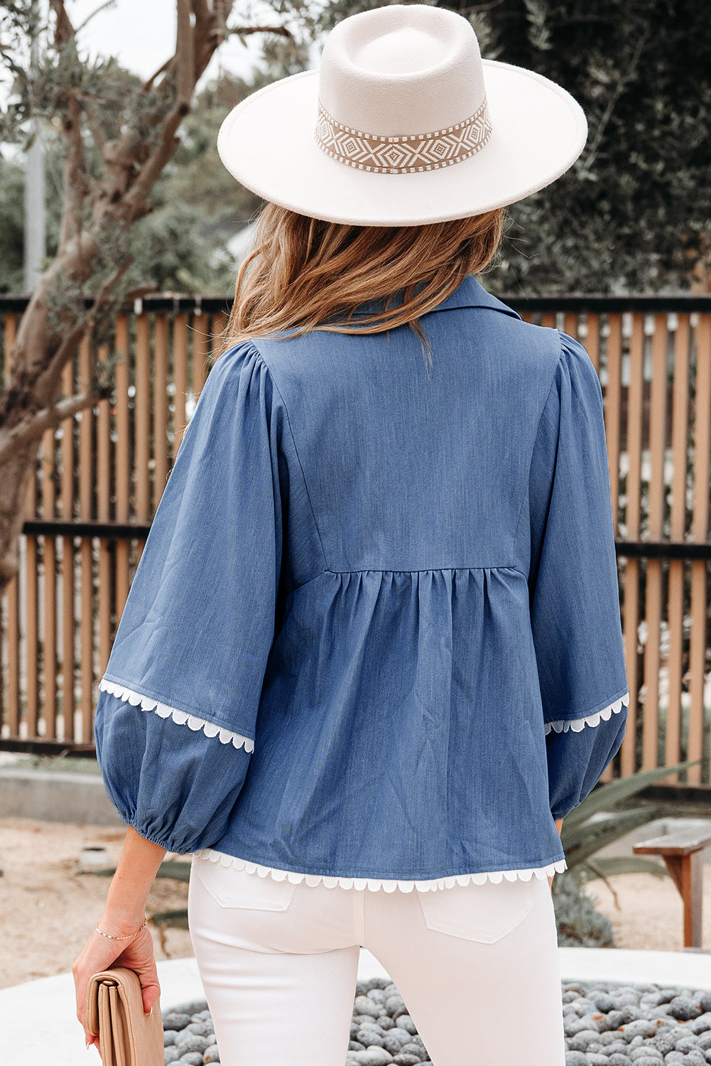 Nevaeh Lace Ric Rac 3/4 Puff Sleeve Collared Babydoll Blouse - Threaded Pear