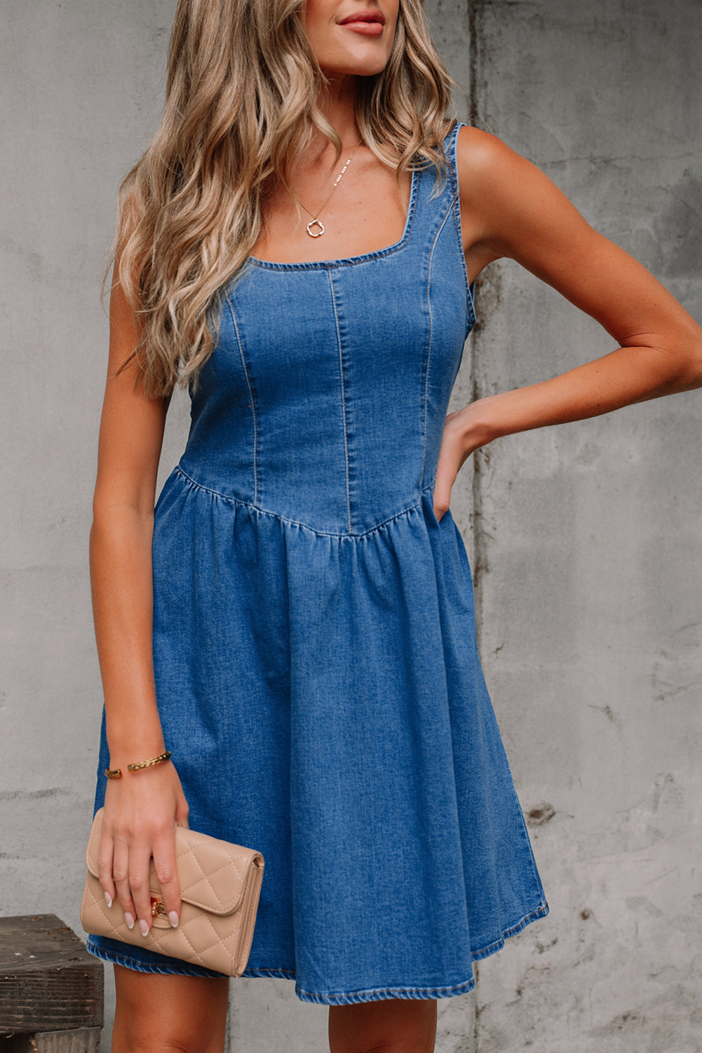 Emily Square Neck Bowknot A-line Denim Dress - Threaded Pear