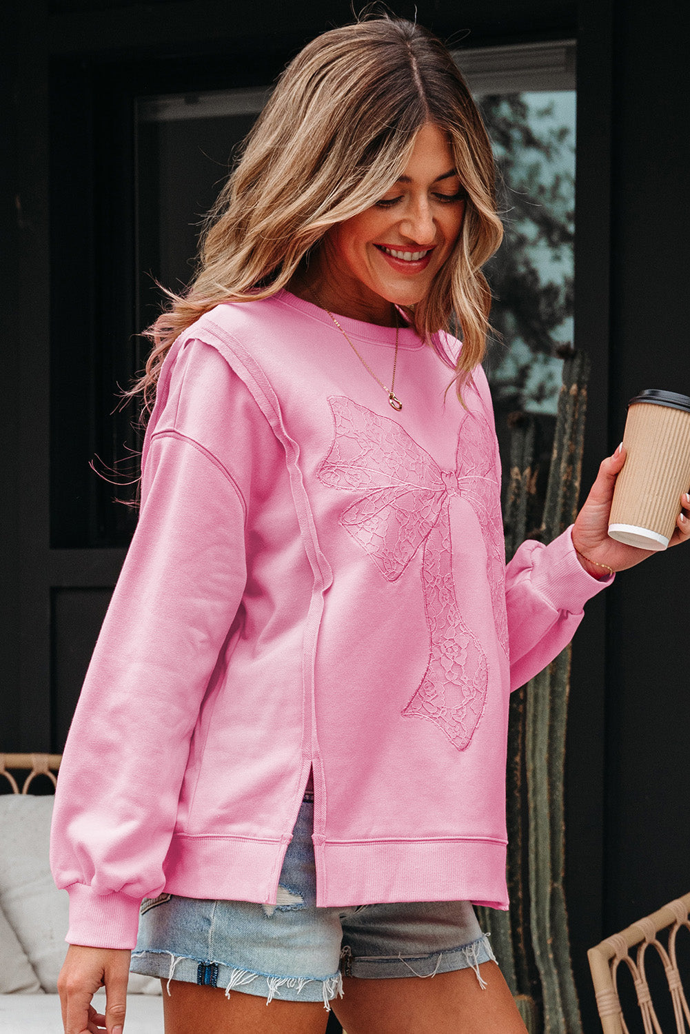 Brianna Lace Bow Embroidered Exposed Seam Sweatshirt - Threaded Pear