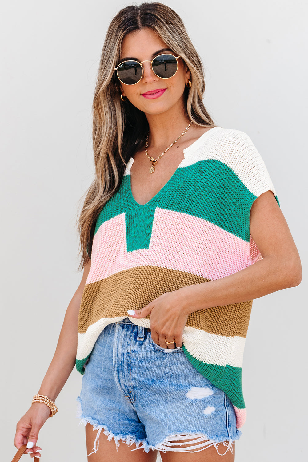 Elliot Color Block Notch V Neck Sweater Top - Threaded Pear