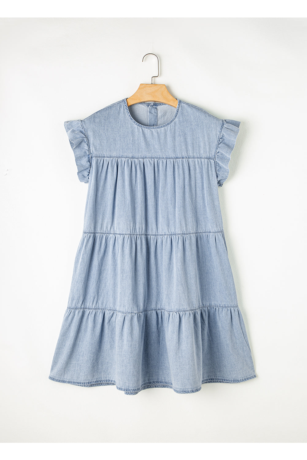 Zoey Ruffle Short Sleeve Tiered A-line Denim Dress - Threaded Pear