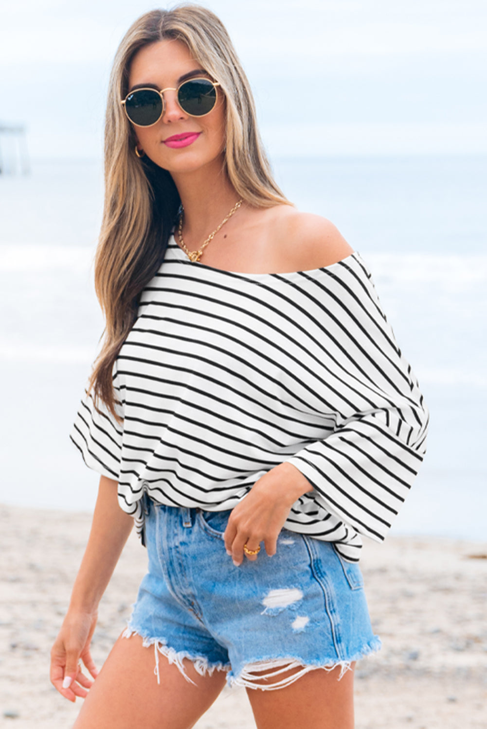 Lilia Stripe Half Sleeve Scoop Neck Loose Top - Threaded Pear