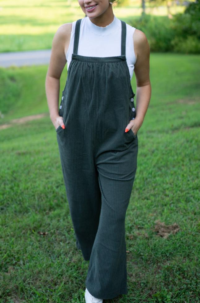 Reya Pocketed Loose Fit Corduroy Overall - Threaded Pear