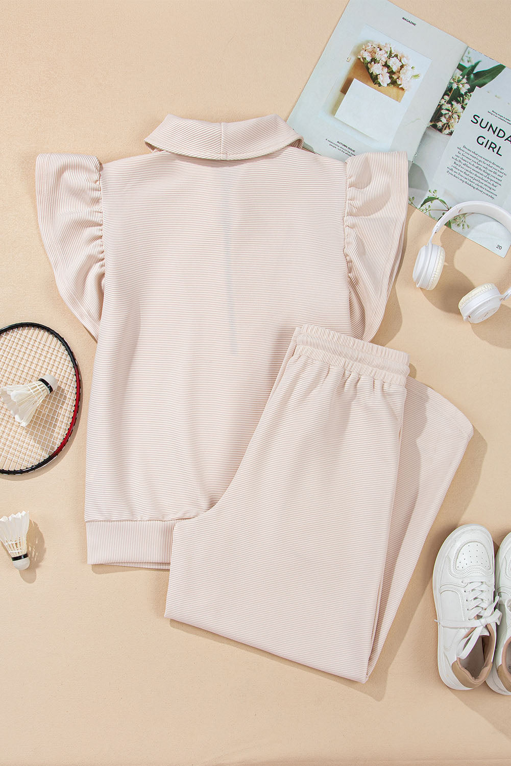 Kallie Ruffled Sleeve Zipped Top and Wide Leg Pants Set - Threaded Pear