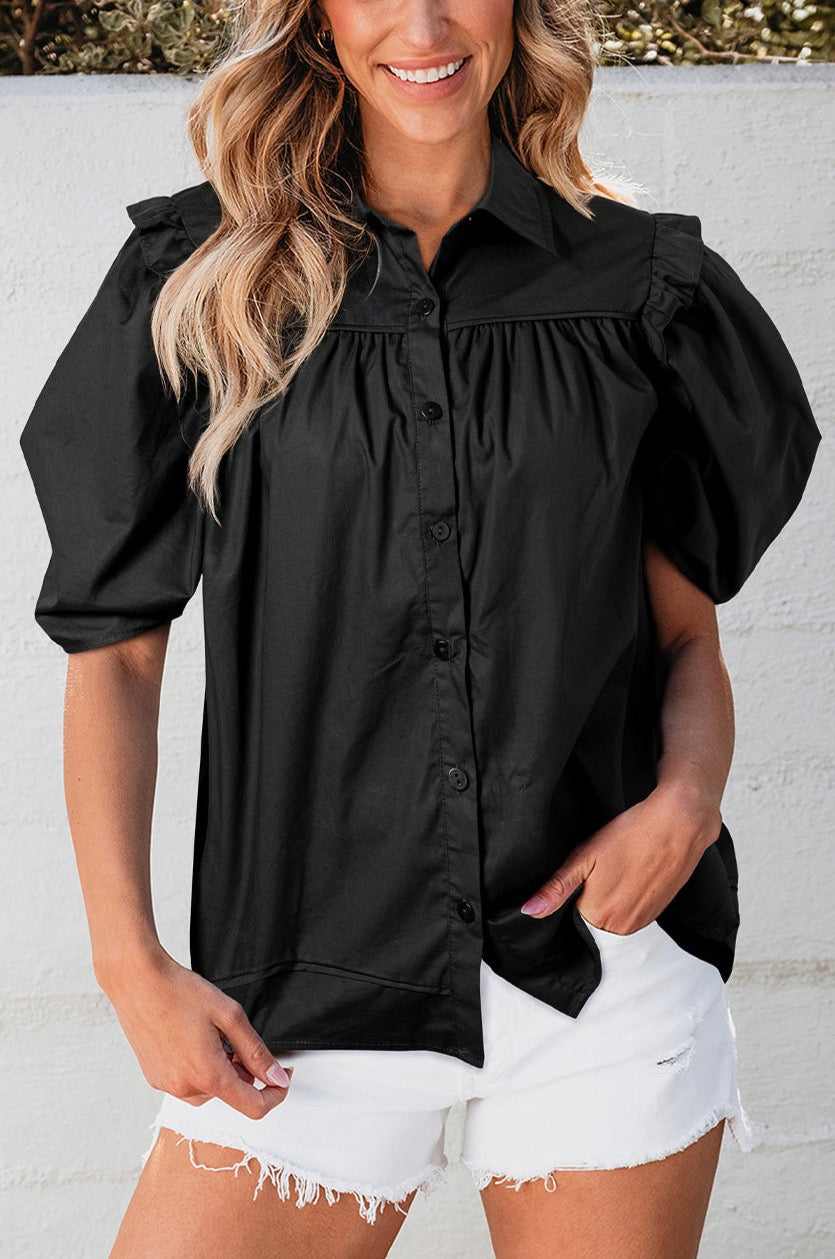 Elena Puff Sleeve Loose Shirt - Threaded Pear