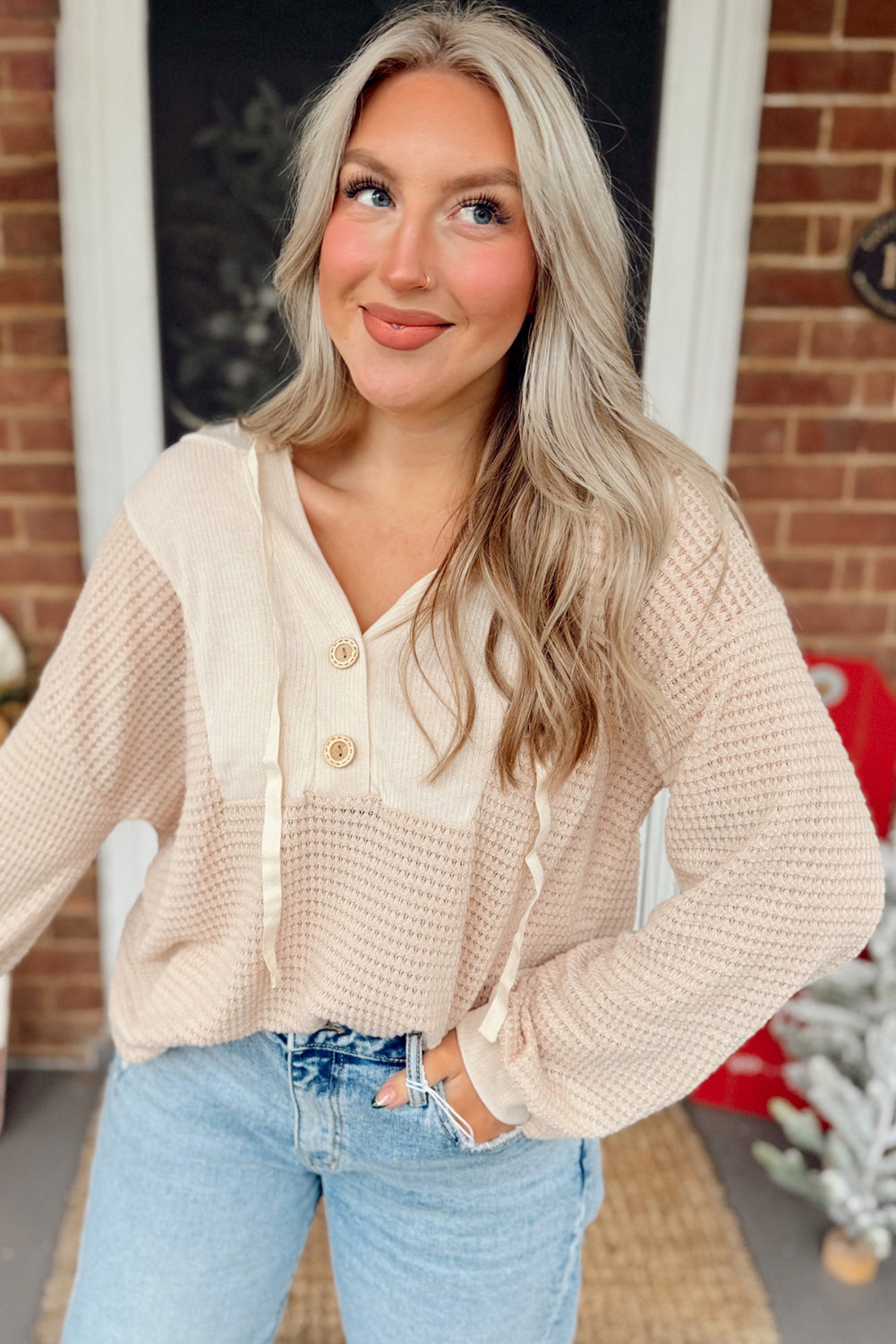 River Waffle Hooded Long Sleeve Top - Threaded Pear