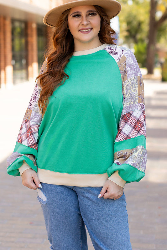 Sky Blue Plus Size Plaid Floral Patchwork Raglan Sleeve Sweatshirt - Threaded Pear