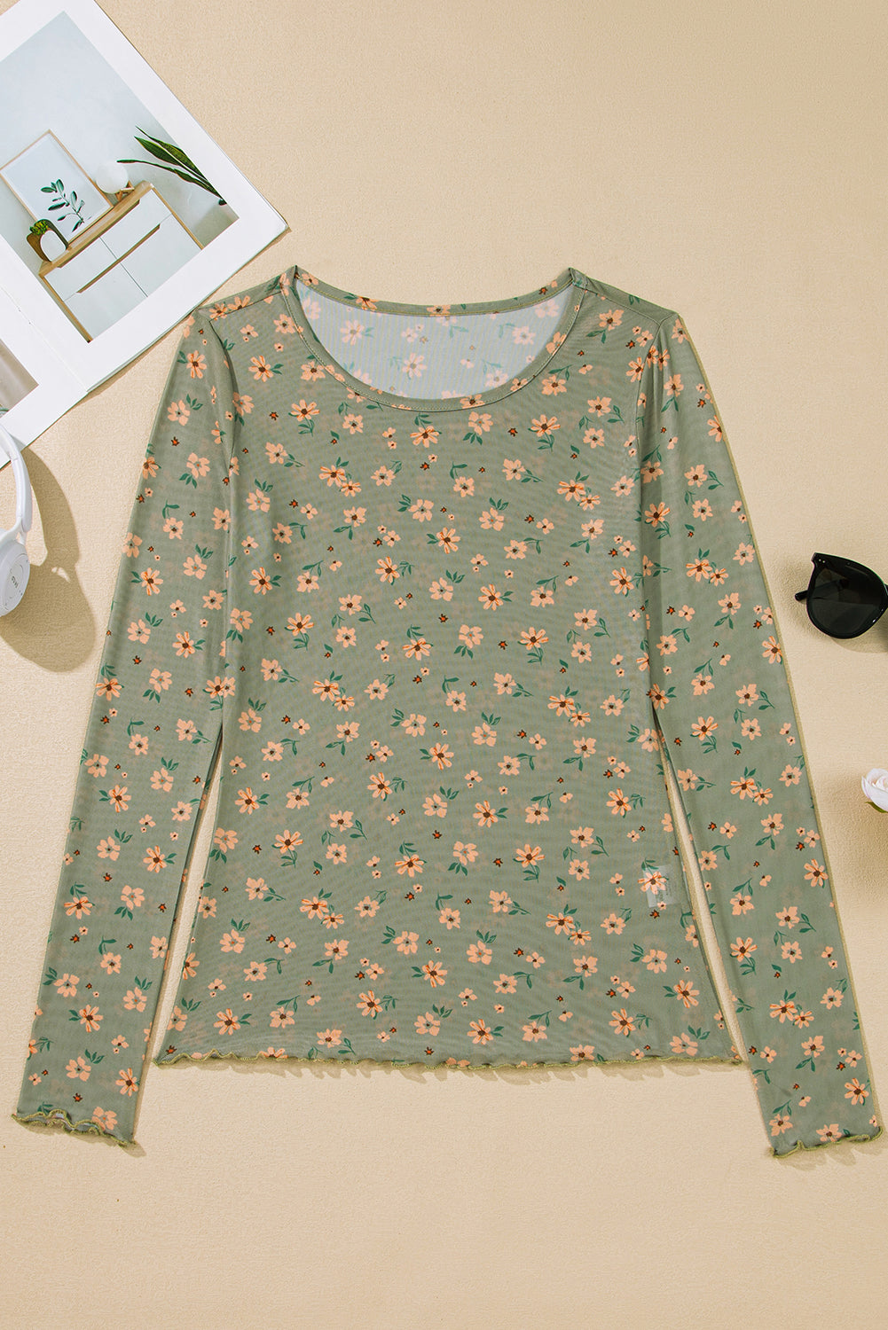 Amber Vintage Floral Mesh Long Sleeve Top - Threaded Pear