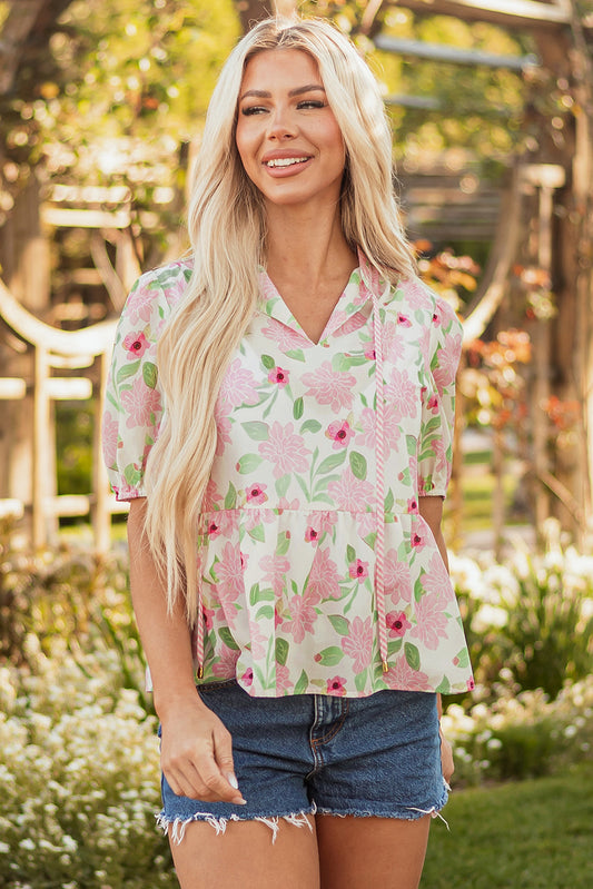 Natasha Floral Drawstring V Neck Peplum Blouse - Threaded Pear