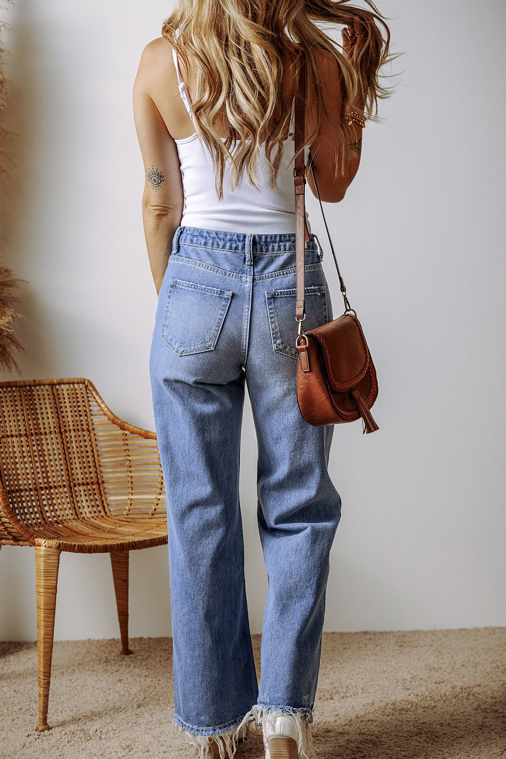 Madilyn Distressed Raw Hem Straight Leg High Waist Jeans - Threaded Pear