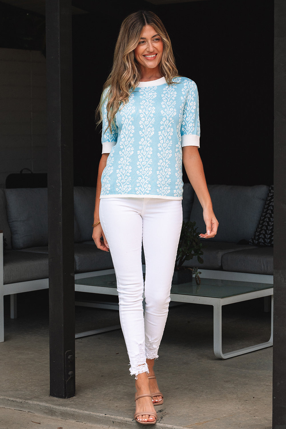 Leilani Floral Crewneck Short Sleeve Sweater - Threaded Pear