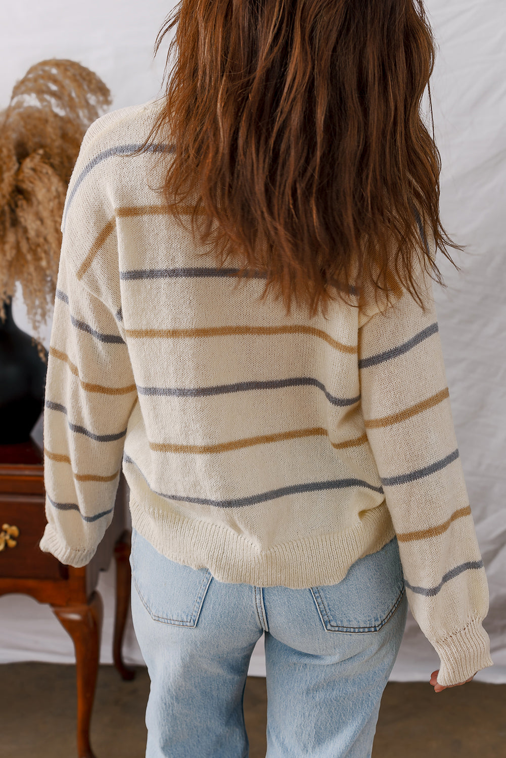 Eden Striped Ribbed Edge Drop Shoulder Sweater - Threaded Pear